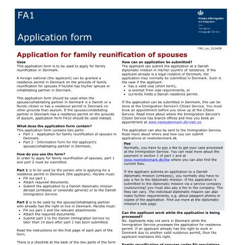 Document preview: FA1 — Application for family reunification of spouses — Immigration Service / Application forms – The Danish Immigration Service, Danmark (CERFA n°FA1)