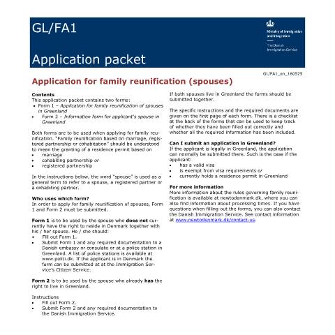 Document preview: Application for family reunification in Greenland (spouses) — Immigration Service / Application forms – The Danish Immigration Service, Danmark