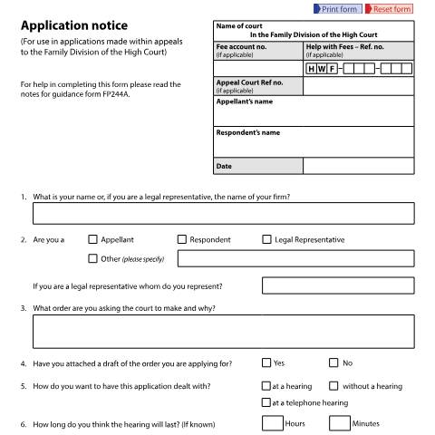 Document preview: Application notice - for use in applications made within appeals to the Family Division of the High Court: Form FP244 — HM Courts & Tribunals Service, United Kingdom