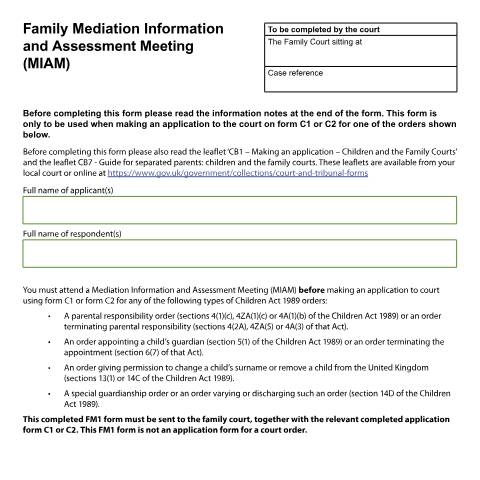 Document preview: Confirm if you have attended a Mediation Information and Assessment Meeting: Form FM1 — HM Courts & Tribunals Service, United Kingdom