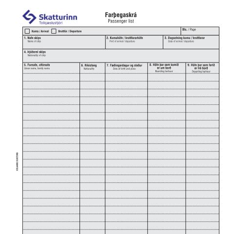 Document preview: TO6 Passenger list Icelandic / English — Customs, Ísland