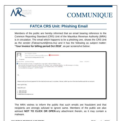 Document preview: FATCA CRS Online : Phishing Email (29.11.18) — Document, Mauritius (CERFA n°FATCAPhishingEmail)