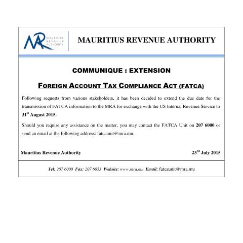 Document preview: FATCA - Extension (23.07.15) — Document, Mauritius (CERFA n°FATCAExtension230715)