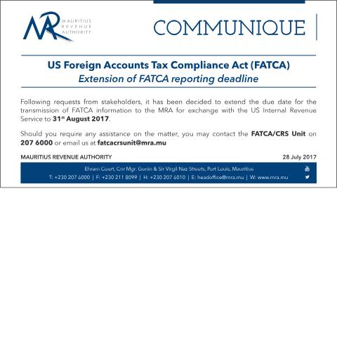 Document preview: Reporting of FATCA - Extension (28.07.17) — Publication, Mauritius (CERFA n°FATCAExtension)