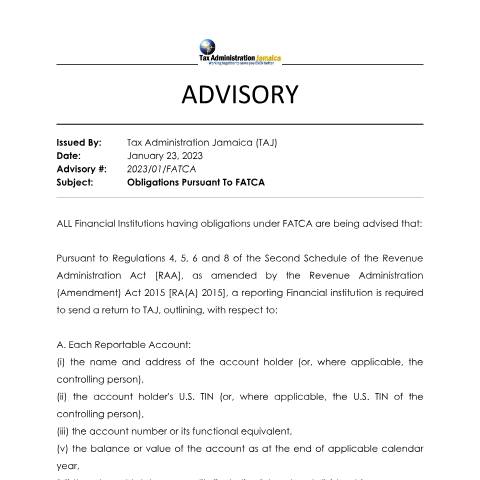 Document preview: Obligations Pursuant To FACTA — Document, Jamaica (CERFA n°FATCA_Advisory_30_1_2023)