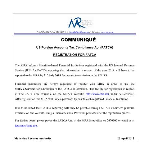 Document preview: Registration for FATCA (20.04.15) — Document, Mauritius (CERFA n°RegistrationFATCA)