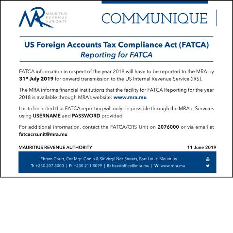 Document preview: Reporting of FATCA (11.06.19) — Publication, Mauritius (CERFA n°FATCA110619)