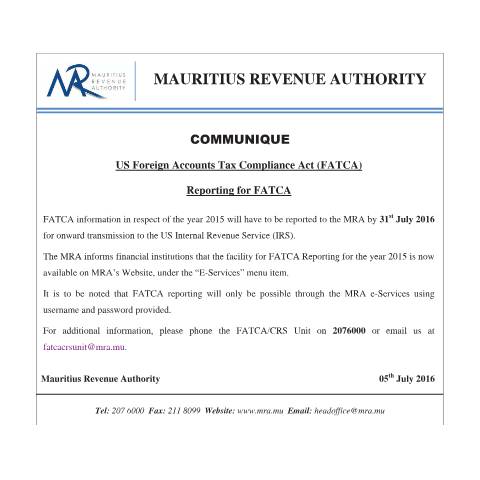 Document preview: Reporting for FATCA (05.07.16) — Publication, Mauritius (CERFA n°FATCA070716)