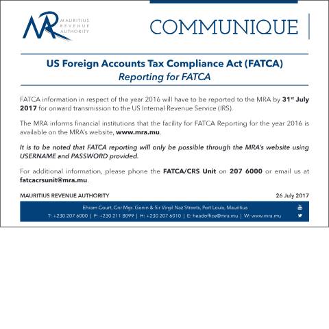 Document preview: Reporting of FATCA (26.07.17) — Publication, Mauritius (CERFA n°FATCA260717)