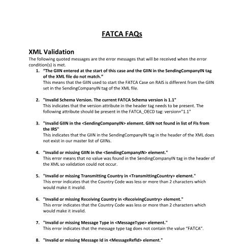 Document preview: List of error messages for FATCA XML file — Guide, Jamaica (CERFA n°FATCA_Faqs)