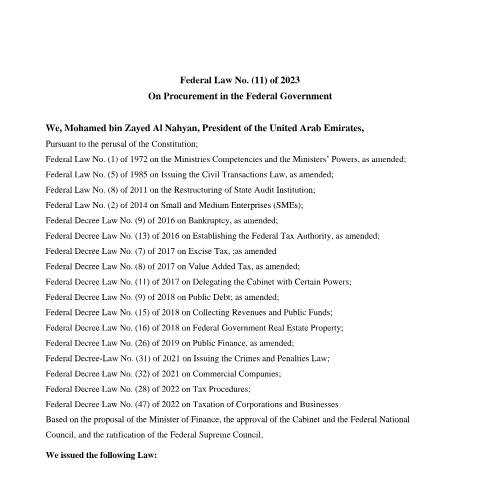 Document preview: Federal Law No (11) of 2023 on Procurement in the Federal Government — Federal Procurement, United Arab Emirates (CERFA n°Federal Law No (11) of 2023)