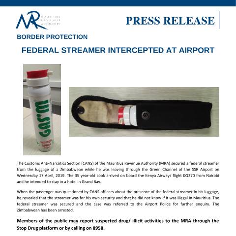 Document preview: Federal Streamer intercepted at Airport (18.04.19) — Document, Mauritius (CERFA n°PressRelease180419)