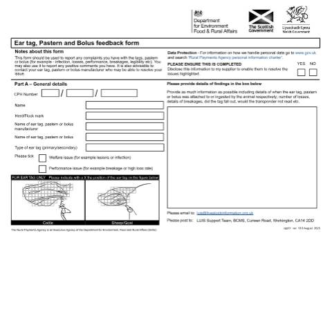 Document preview: Give feedback on ear tags, pastern bands or boluses — British Cattle Movement Service, Rural Payments Agency, United Kingdom
