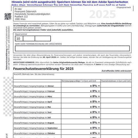 Dokumentvorschau: Feu1 — Feuerschutzsteuererklärung für 2025 — Steuern, Österreich (CERFA n°Feu1)