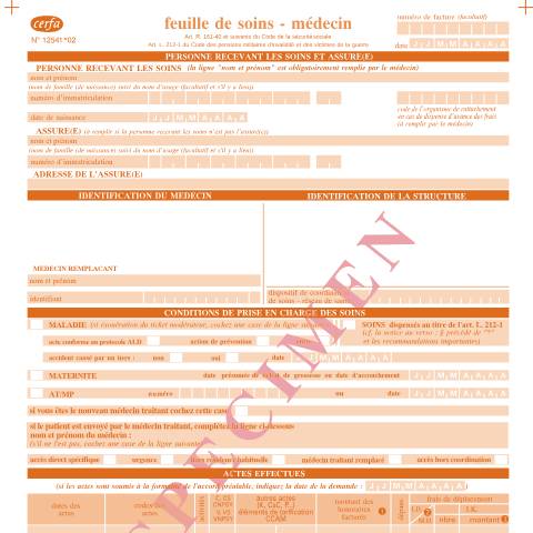 Aperçu du document Feuille de soins - Médecin (spécimen) — Particuliers, France (CERFA n°12541*02)