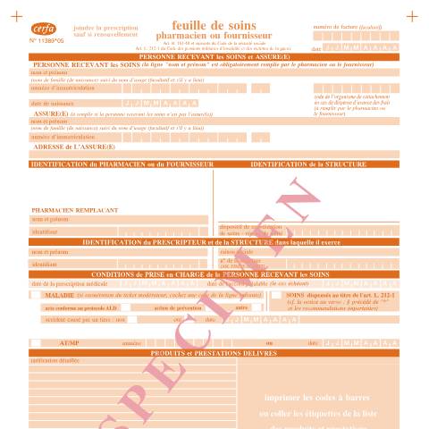 Aperçu du document Feuille de soins - Pharmacien (spécimen) — Particuliers, France (CERFA n°11389*05)