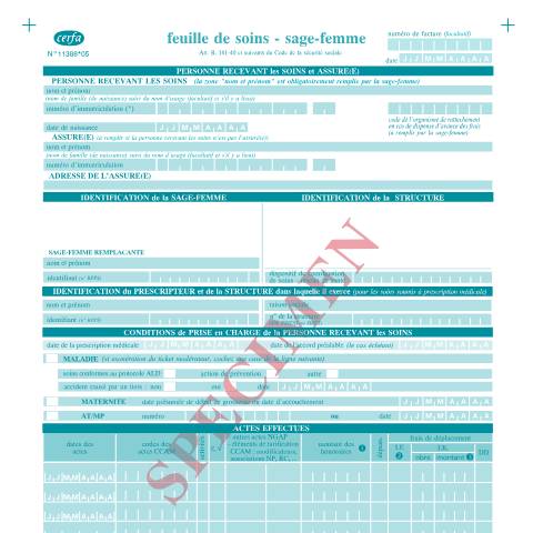 Aperçu du document Feuille de soins - Sage-femme (spécimen) — Particuliers, France (CERFA n°11388*05)