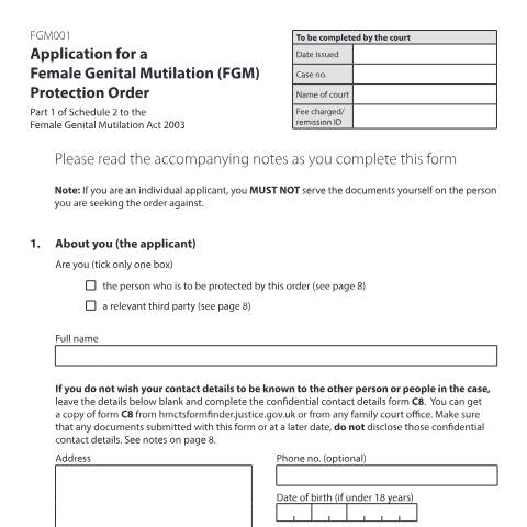 Document preview: Application for a Female Genital Mutilation (FGM) Protection Order: Form FGM001 — HM Courts & Tribunals Service, United Kingdom
