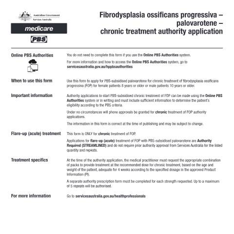 Document preview: Fibrodysplasia ossificans progressiva - palovarotene - chronic treatment authority application form (PB387) — Services Australia — Health professionals, Australia (CERFA n°PB387)