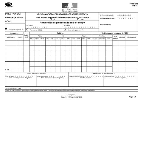 Aperçu du document Métaux précieux : fiche d'apport à la marque pour ouvrages neufs ou d'occasion — Professionnels, France (CERFA n°12391*03)