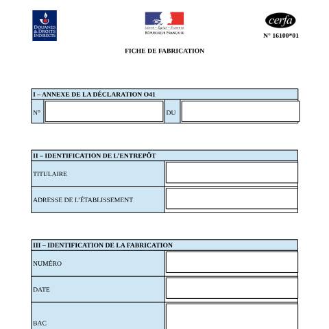Aperçu du document Fiche de fabrication — Professionnels, France (CERFA n°16100*1)