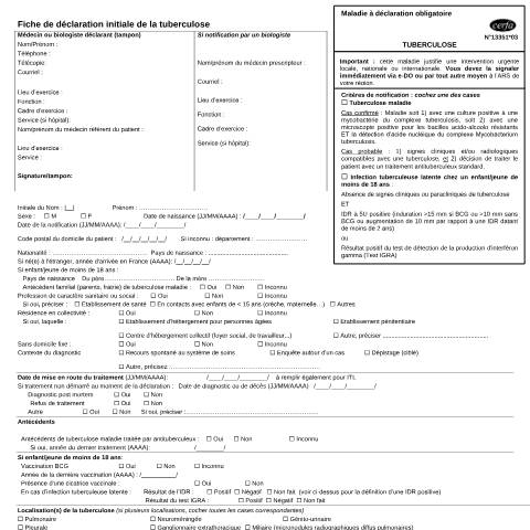 Aperçu du document Fiche de déclaration initiale de la tuberculose — Particuliers, France (CERFA n°13351*03)