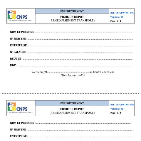 Aperçu du document FICHE DE DEPOT (REMBOURSEMENT TRANSPORT) (VERSION 01) — Document CNPS (prévoyance sociale), Côte d'Ivoire