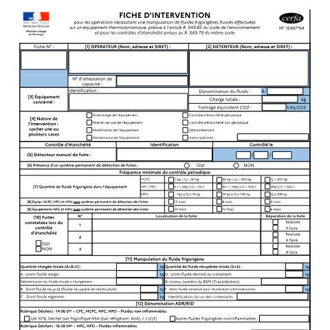 Aperçu du document Fiche d'intervention pour les opérations nécessitant une manipulation de fluides frigorigènes effectuées sur un équipement — Professionnels, France (CERFA n°15497*04)