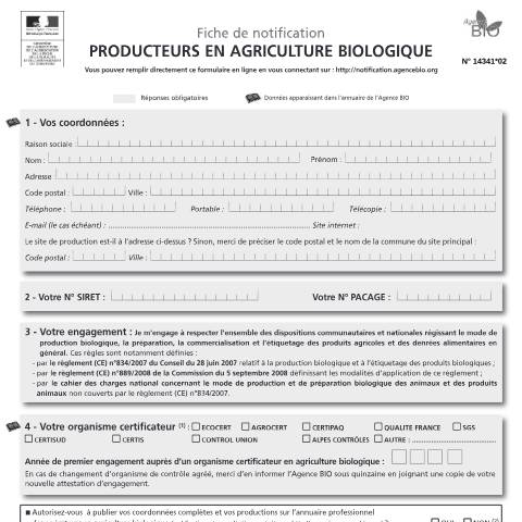 Aperçu du document Fiche de notification concernant les producteurs en agriculture biologique — Professionnels, France (CERFA n°14341*02)