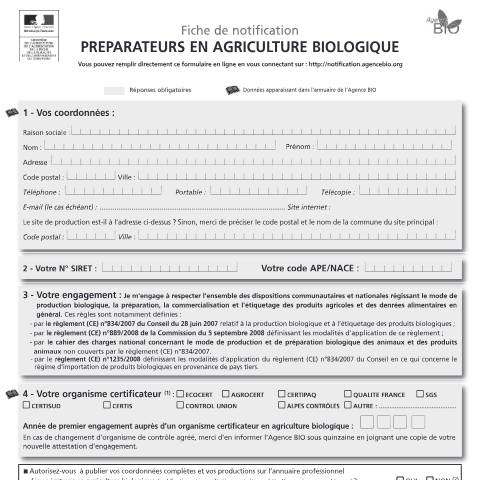 Aperçu du document Fiche de notification concernant les préparateurs en agriculture biologique — Professionnels, France (CERFA n°14345*02)