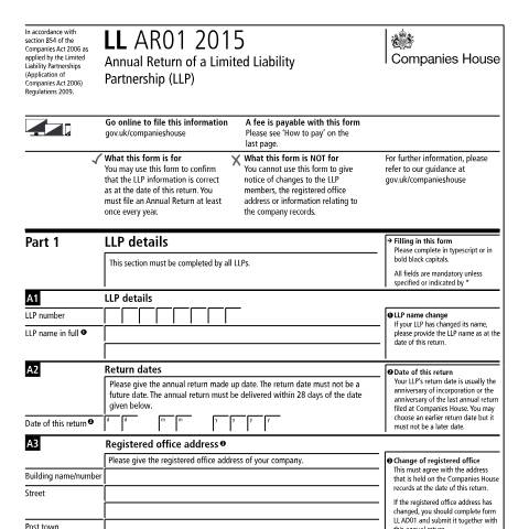 Document preview: File an annual return (LL AR01) for your limited liability partnership (LLP) — Companies House, United Kingdom
