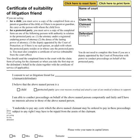Document preview: File a certificate of suitability to be a litigation friend: Form N235 — HM Courts & Tribunals Service, United Kingdom