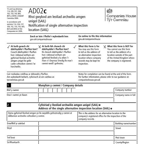 Document preview: File a Single Alternative Inspection Location (AD02c) — Companies House, United Kingdom