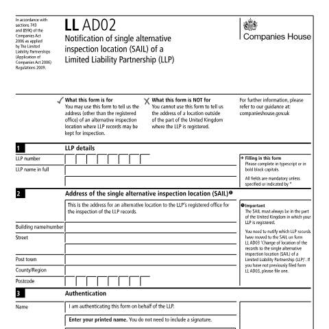 Document preview: File a Single Alternative Inspection Location: limited liability partnership (LL AD02) — Companies House, United Kingdom