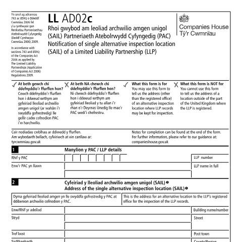 Document preview: File a Single Alternative Inspection Location: limited liability partnership (LL AD02c) — Companies House, United Kingdom