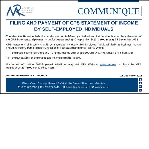 Document preview: Filing and Payment of CPS Statement of Income by Self-Employed Individuals (21.12.21) — Notice / Circular, Mauritius (CERFA n°CommuniqueCPS211221)