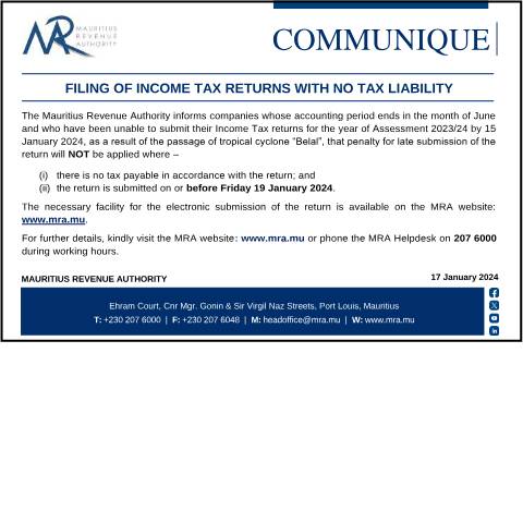 Document preview: Filing of Returns &amp; Statements &amp; Payment of Income Tax and VAT — Form, Mauritius (CERFA n°Communique170124)