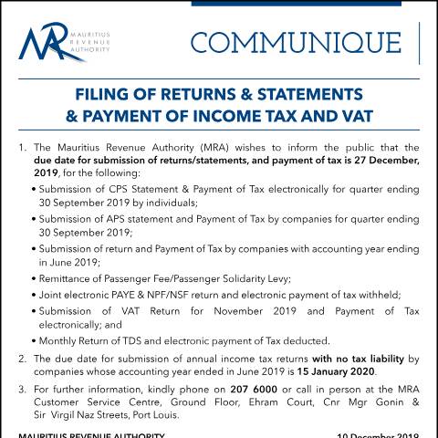 Document preview: Filing of Returns &amp; Statements &amp; Payment of Income Tax and VAT (10.12.19) — Form, Mauritius (CERFA n°DueDate101219)