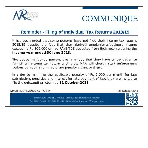Document preview: Filing of Individual Tax Returns 2018/19 (29.10.18) — Form, Mauritius (CERFA n°FilingReminder291018)