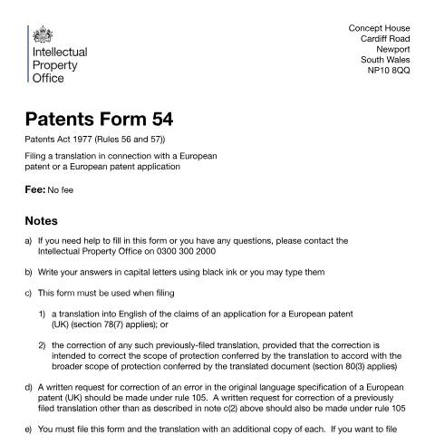 Document preview: Filing a translation in connection with a European patent or a European patent application — Intellectual Property Office, United Kingdom