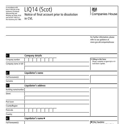 Document preview: Final account prior to dissolution in CVL for a Scottish company: LIQ14 (Scot) — Companies House, United Kingdom