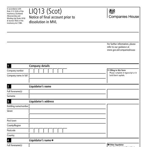Document preview: Final account prior to dissolution in MVL for a Scottish company: LIQ13 (Scot) — Companies House, United Kingdom