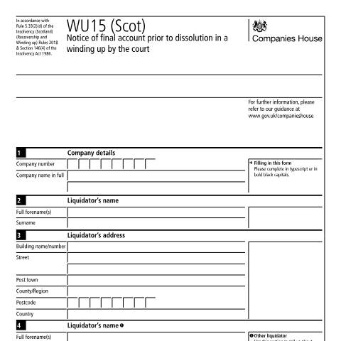 Document preview: Give notice of the final account prior to the dissolution of a Scottish company: WU15 (Scot) — Companies House, United Kingdom