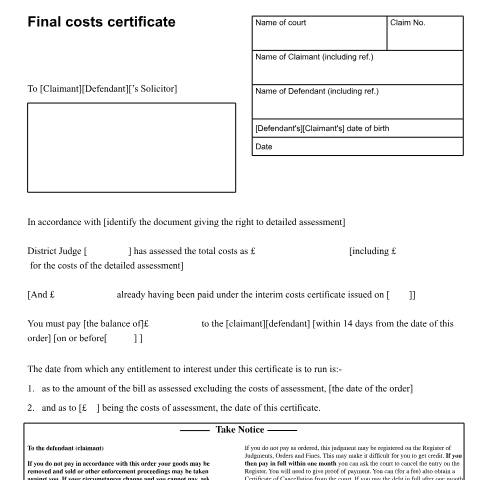 Document preview: Final costs certificate: Form N256 — HM Courts & Tribunals Service, United Kingdom