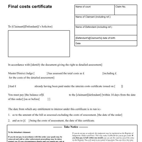 Document preview: Final costs certificate from the High Court: Form N256(HC) — HM Courts & Tribunals Service, United Kingdom