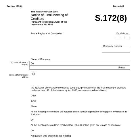 Document preview: Give notice of the final meeting of creditors (4.43) — Companies House, United Kingdom