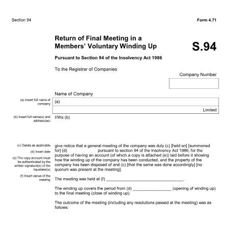 Document preview: Give notice of final meeting in members voluntary winding up (4.71) — Companies House, United Kingdom
