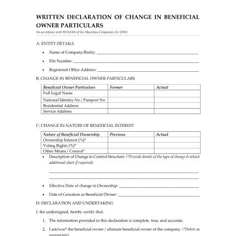 Document preview: 20260428 Final Written Declaration Change in BO Particulars – ROC Template — Form, Mauritius (CERFA n°20260428-Final-Written-Declaration-Change-in-BO-Particulars-ROC-Template)