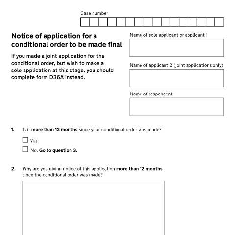 Document preview: Apply to make a conditional order final: Form D36 — HM Courts & Tribunals Service, United Kingdom