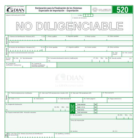 Vista previa del documento Declaración para la finalización de los sistemas especiales de importación - exportación — Año 2006, Colombia (CERFA n°F520-2006)